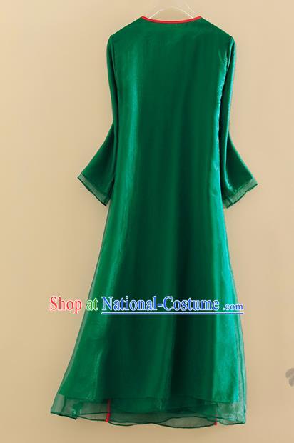 Chinese Traditional Tang Suit Embroidered Lotus Green Organza Cheongsam National Costume Qipao Dress for Women