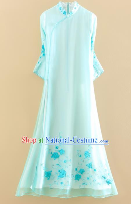 Chinese Traditional Tang Suit Embroidered Roses Blue Cheongsam National Costume Qipao Dress for Women