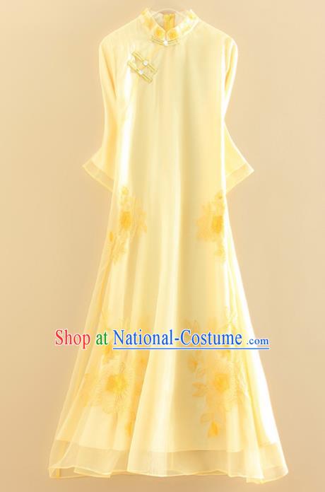 Chinese Traditional Tang Suit Embroidered Flowers Yellow Cheongsam National Costume Qipao Dress for Women