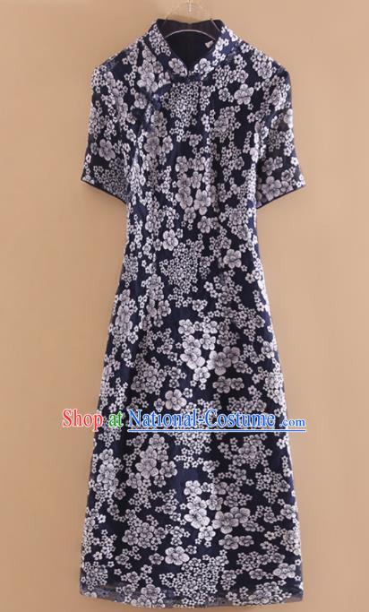 Chinese Traditional Tang Suit Printing Navy Cheongsam National Costume Qipao Dress for Women