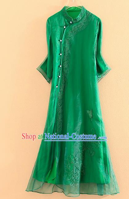 Chinese Traditional Tang Suit Embroidered Green Organza Cheongsam National Costume Qipao Dress for Women