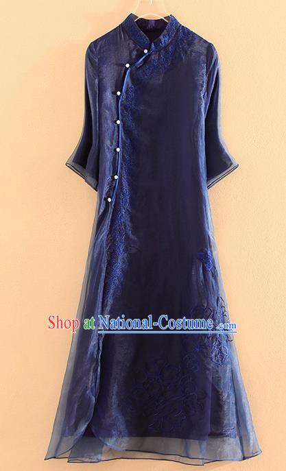 Chinese Traditional Tang Suit Embroidered Navy Organza Cheongsam National Costume Qipao Dress for Women