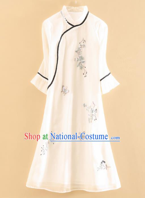 Chinese Traditional Tang Suit Embroidered White Cheongsam National Costume Qipao Dress for Women