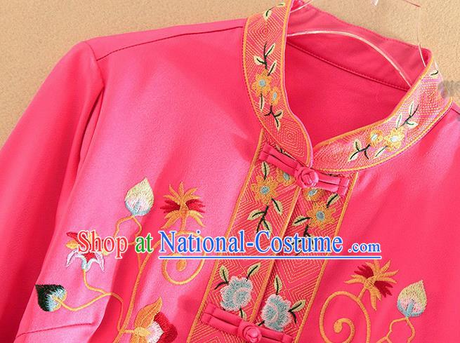 Chinese Traditional Tang Suit Embroidered Birds Rosy Blouse National Costume Qipao Upper Outer Garment for Women