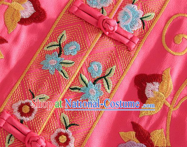 Chinese Traditional Tang Suit Embroidered Birds Rosy Blouse National Costume Qipao Upper Outer Garment for Women