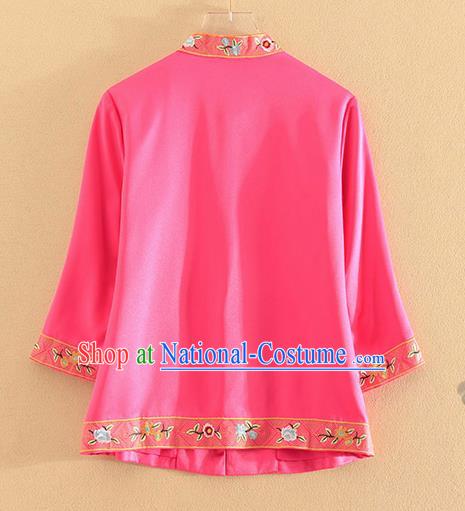 Chinese Traditional Tang Suit Embroidered Birds Rosy Blouse National Costume Qipao Upper Outer Garment for Women