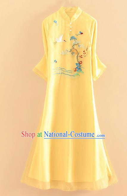 Chinese Traditional Tang Suit Embroidered Crane Pine Plum Yellow Cheongsam National Costume Qipao Dress for Women