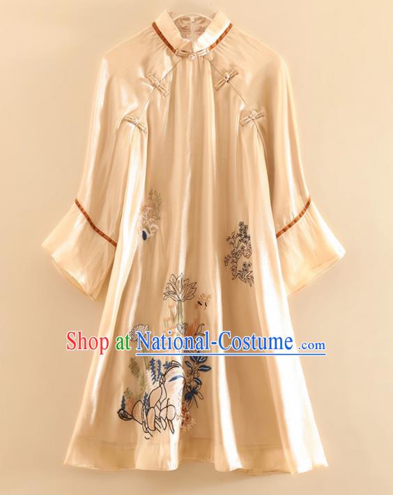 Chinese Traditional Tang Suit Embroidered Lotus Champagne Blouse National Costume Qipao Upper Outer Garment for Women