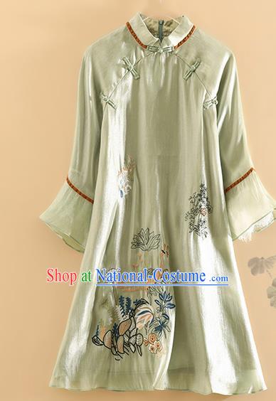 Chinese Traditional Tang Suit Embroidered Lotus Green Blouse National Costume Qipao Upper Outer Garment for Women