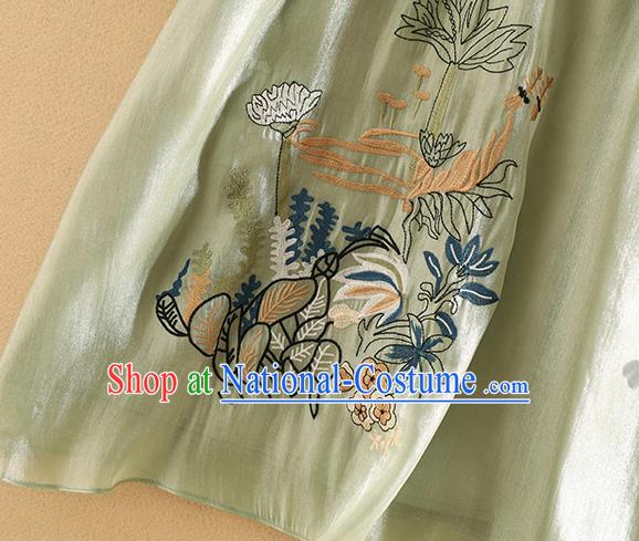 Chinese Traditional Tang Suit Embroidered Lotus Green Blouse National Costume Qipao Upper Outer Garment for Women