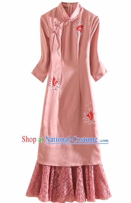 Chinese Traditional Tang Suit Embroidered Pink Lace Cheongsam National Costume Qipao Dress for Women