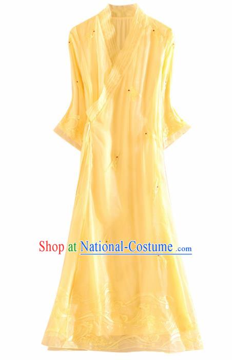 Chinese Traditional Tang Suit Embroidered Crane Yellow Organza Cheongsam National Costume Qipao Dress for Women