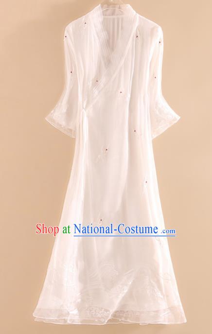 Chinese Traditional Tang Suit Embroidered Crane White Organza Cheongsam National Costume Qipao Dress for Women