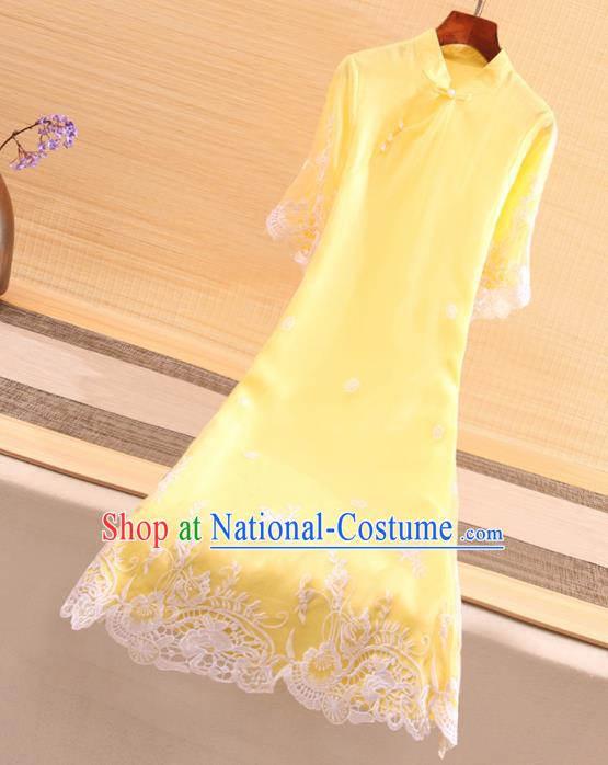 Chinese Traditional Tang Suit Embroidered Yellow Cheongsam National Costume Qipao Dress for Women