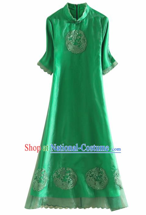 Chinese Traditional Tang Suit Embroidered Phoenix Green Cheongsam National Costume Qipao Dress for Women