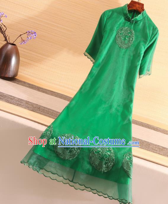 Chinese Traditional Tang Suit Embroidered Phoenix Green Cheongsam National Costume Qipao Dress for Women