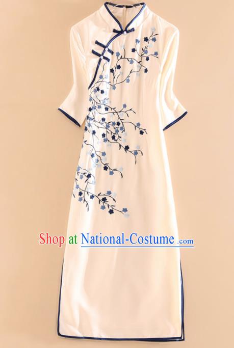 Chinese Traditional Tang Suit Embroidered Plum Beige Cheongsam National Costume Qipao Dress for Women