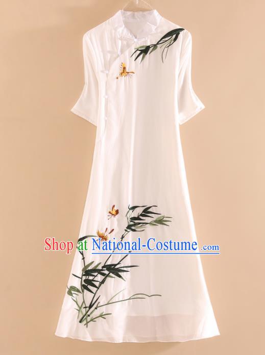 Chinese Traditional Tang Suit Embroidered Bamboo White Cheongsam National Costume Qipao Dress for Women