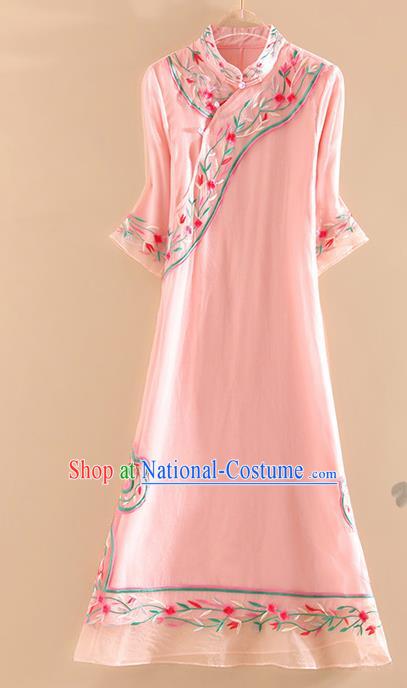 Chinese Traditional Tang Suit Embroidered Flowers Pink Cheongsam National Costume Qipao Dress for Women