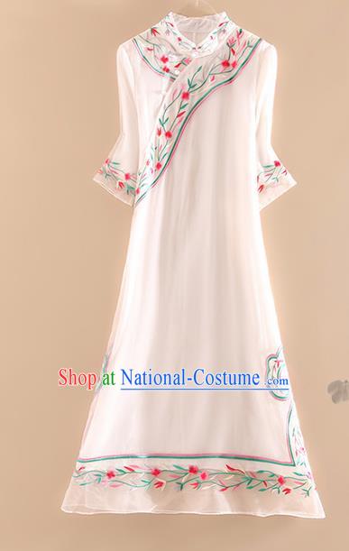 Chinese Traditional Tang Suit Embroidered Flowers White Cheongsam National Costume Qipao Dress for Women