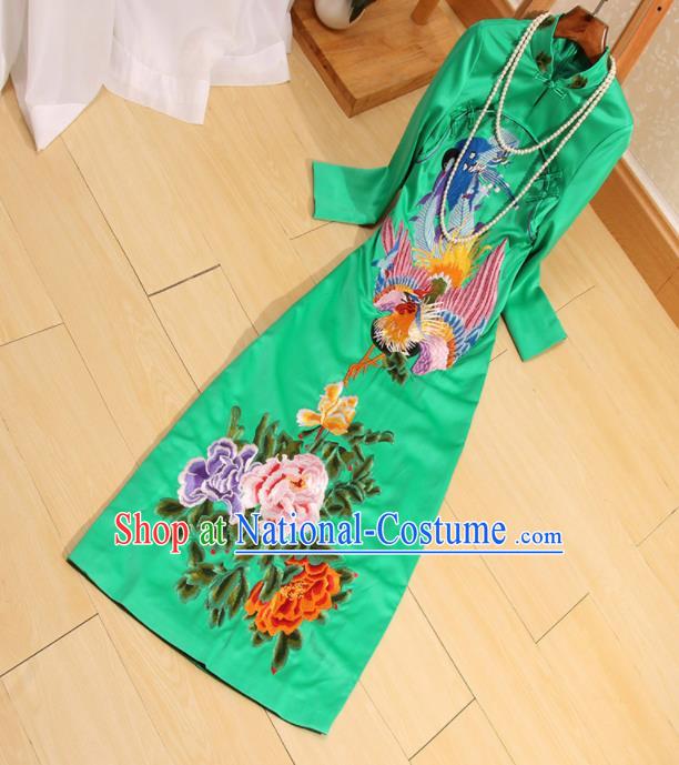 Traditional Chinese National Embroidered Phoenix Peony Green Qipao Dress Tang Suit Cheongsam Costume for Women