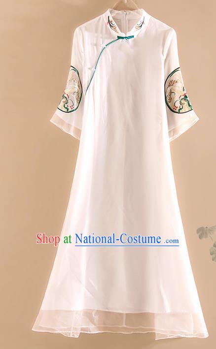 Chinese Traditional Tang Suit Embroidered White Organza Cheongsam National Costume Qipao Dress for Women