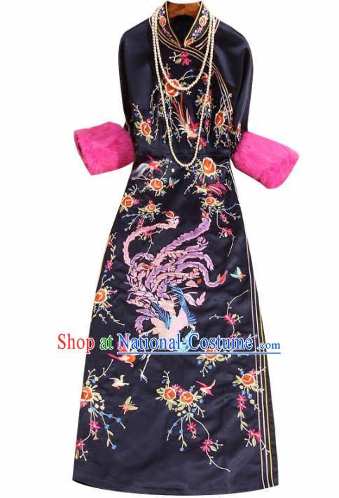 Traditional Chinese National Embroidered Phoenix Navy Qipao Dress Tang Suit Cheongsam Costume for Women