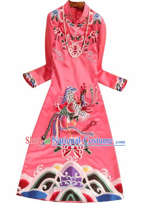 Traditional Chinese National Embroidered Phoenix Pink Qipao Dress Tang Suit Cheongsam Costume for Women