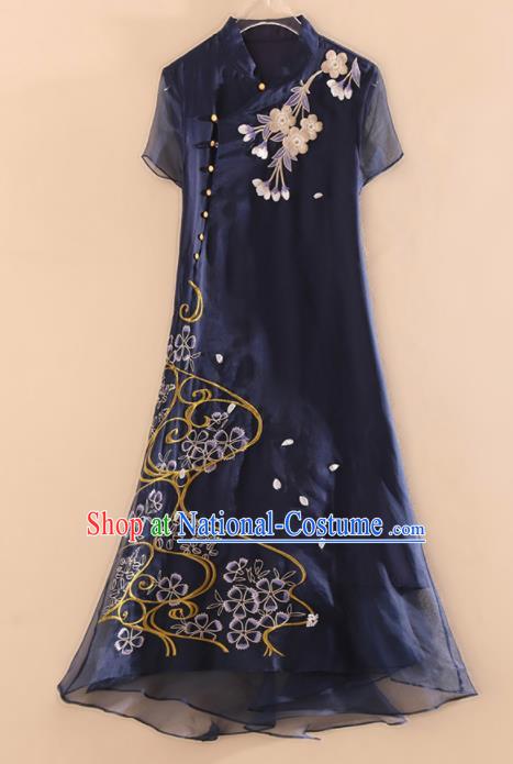 Chinese Traditional Tang Suit Embroidered Navy Organza Cheongsam National Costume Qipao Dress for Women