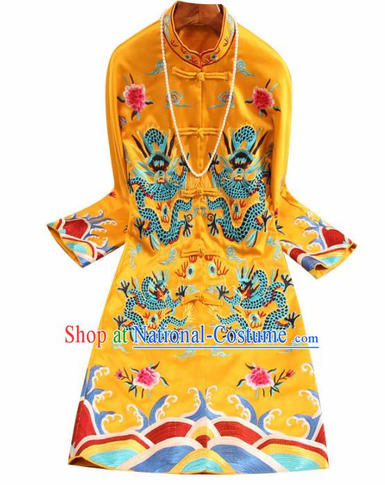 Chinese Traditional Tang Suit Embroidered Dragons Golden Coat National Costume Qipao Upper Outer Garment for Women