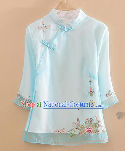 Chinese Traditional Tang Suit Embroidered Blue Organza Blouse National Costume Qipao Upper Outer Garment for Women