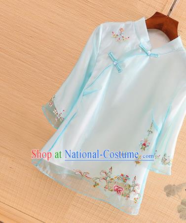 Chinese Traditional Tang Suit Embroidered Blue Organza Blouse National Costume Qipao Upper Outer Garment for Women