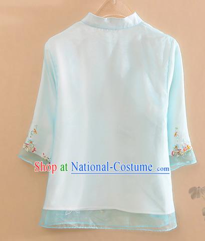 Chinese Traditional Tang Suit Embroidered Blue Organza Blouse National Costume Qipao Upper Outer Garment for Women