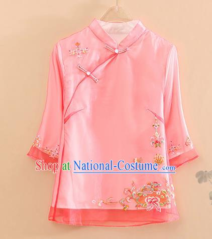 Chinese Traditional Tang Suit Embroidered Peach Pink Organza Blouse National Costume Qipao Upper Outer Garment for Women