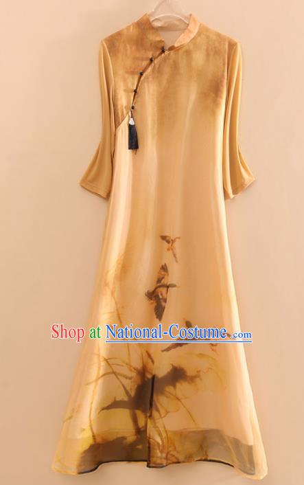 Chinese Traditional Tang Suit Ink Painting Organza Cheongsam National Costume Qipao Dress for Women