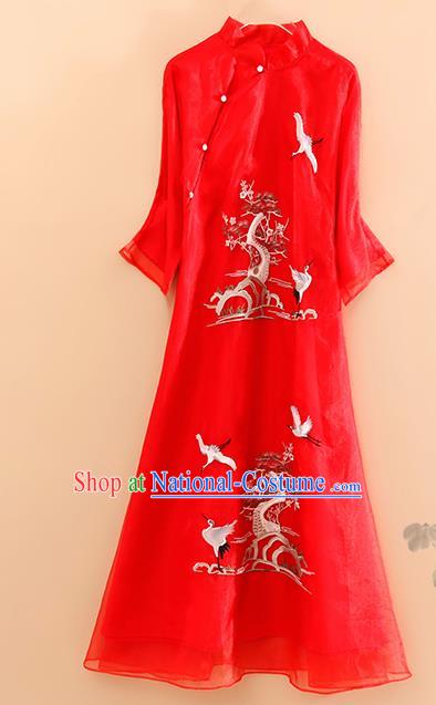 Traditional Chinese National Embroidered Pine Cranes Red Qipao Dress Tang Suit Cheongsam Costume for Women