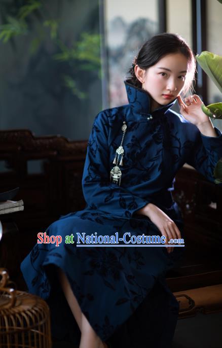 Traditional Chinese National Peacock Blue Qipao Dress Tang Suit Cotton Cheongsam Costume for Women