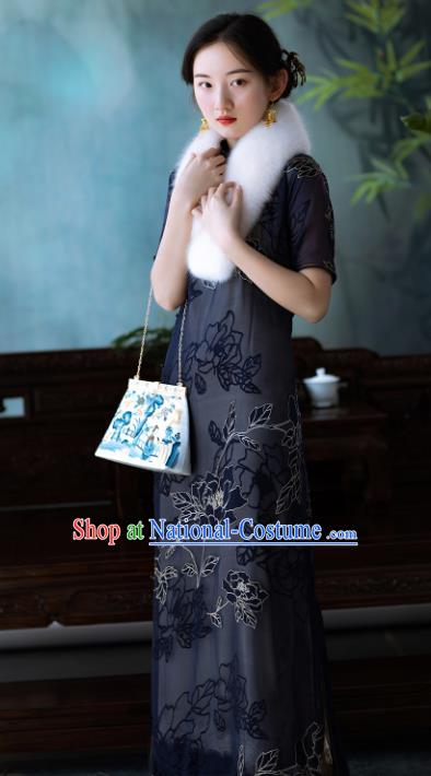 Traditional Chinese National Blue Velvet Qipao Dress Tang Suit Cheongsam Costume for Women