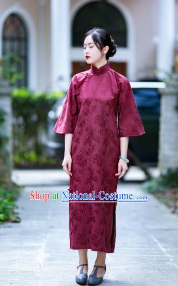 Traditional Chinese National Wine Red Brocade Qipao Dress Tang Suit Cheongsam Costume for Women