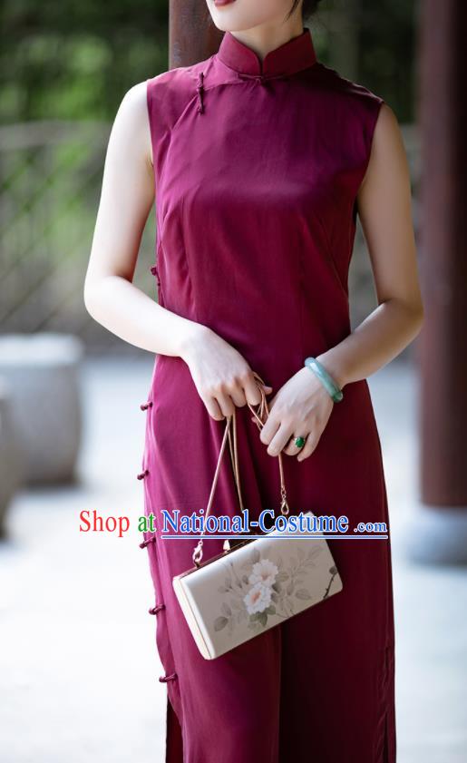 Traditional Chinese National Wine Red Silk Qipao Dress Tang Suit Cheongsam Costume for Women