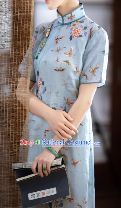 Traditional Chinese National Printing Butterfly Light Blue Flax Qipao Dress Tang Suit Cheongsam Costume for Women