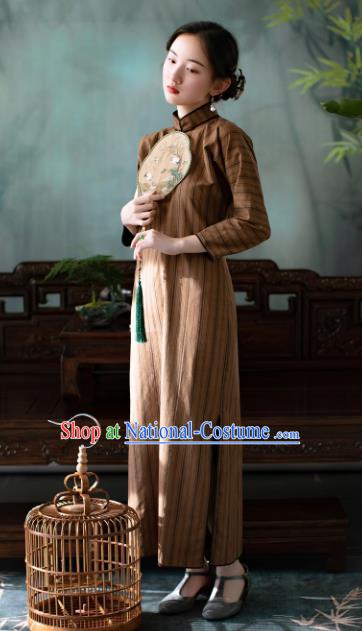 Traditional Chinese National Khaki Silk Qipao Dress Tang Suit Cheongsam Costume for Women