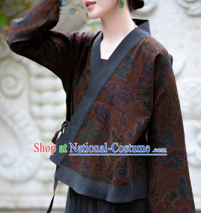 Chinese Traditional Tang Suit Printing Brown Silk Blouse National Costume Republic of China Qipao Upper Outer Garment for Women