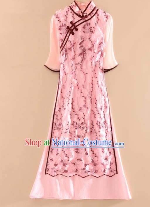 Chinese Traditional Tang Suit Printing Pink Cheongsam National Costume Qipao Dress for Women