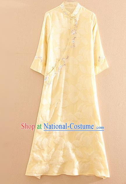 Traditional Chinese National Embroidered Yellow Qipao Dress Tang Suit Cheongsam Costume for Women