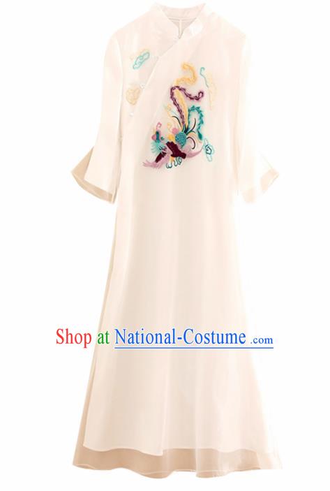 Traditional Chinese National Embroidered Phoenix White Qipao Dress Tang Suit Cheongsam Costume for Women