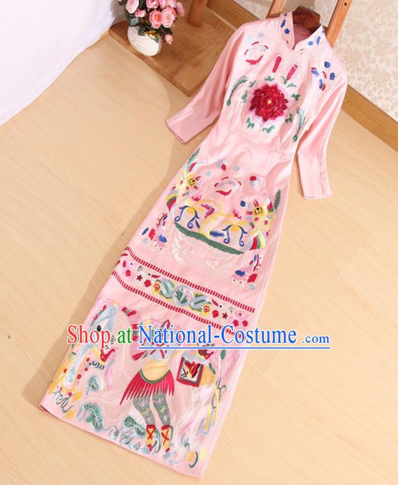 Traditional Chinese National Embroidered Pink Brocade Qipao Dress Tang Suit Cheongsam Costume for Women