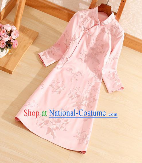 Traditional Chinese National Embroidered Pink Qipao Dress Tang Suit Cheongsam Costume for Women