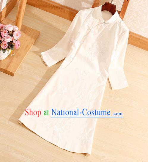 Traditional Chinese National Embroidered White Qipao Dress Tang Suit Cheongsam Costume for Women