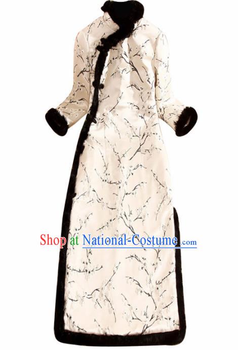 Traditional Chinese National Winter Embroidered Plum White Qipao Dress Tang Suit Cheongsam Costume for Women